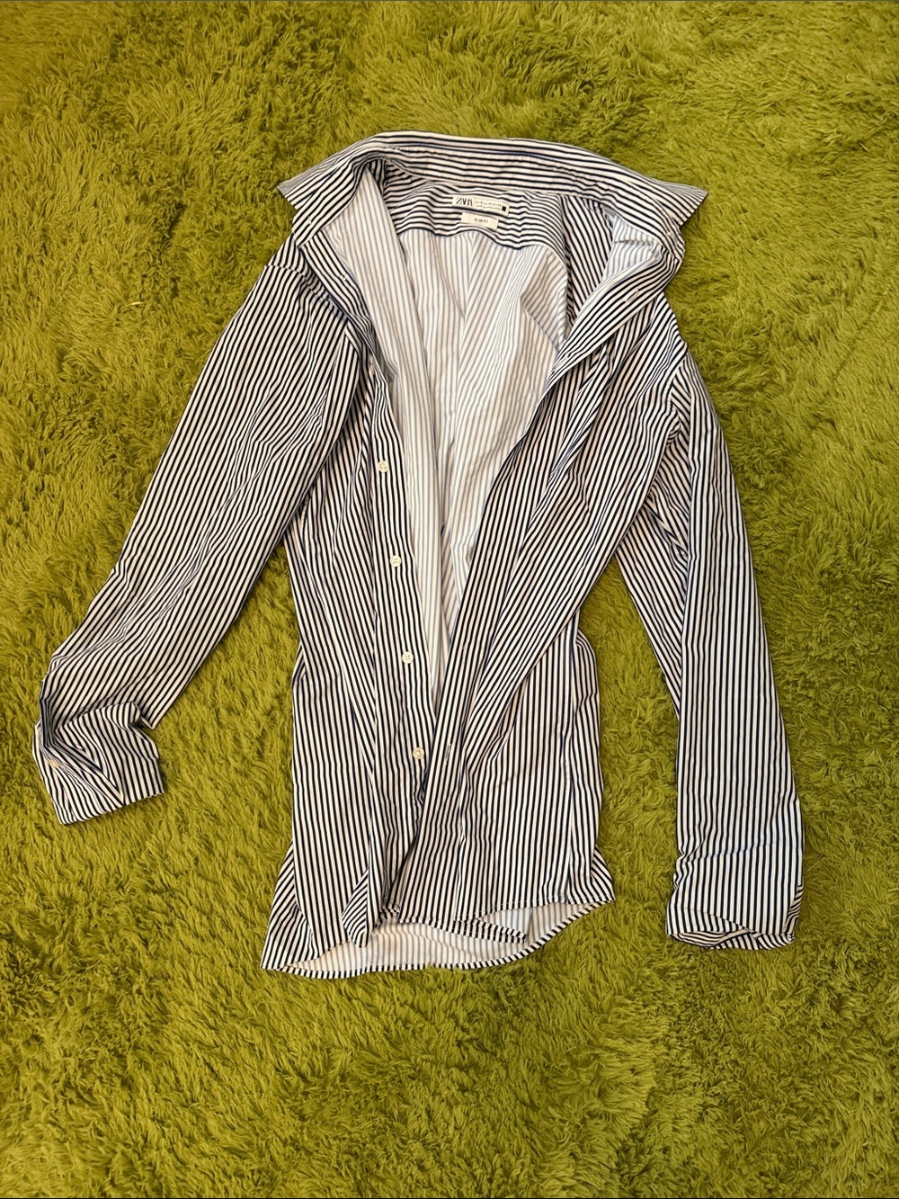 Zara Navy & White Vertical Stripe Casual Button-Down Shirt